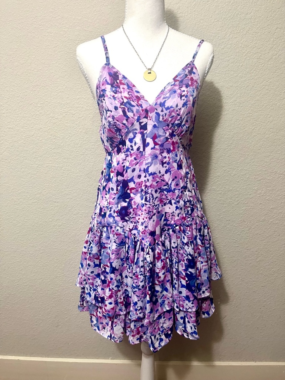 Japna Purple Floral flowy Tiered Spaghetti Strap Dress